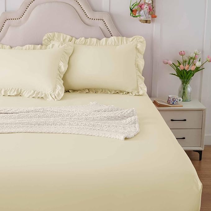 Homiest 3-Pieces Ruffle Pillow Case & Fitted Sheet Set, Cream Full Sheets with 2 Ruffled Pillow Shams, 15 Inch Deep Pocket, Cute & Coquette Microfiber Bed Set for Decorating Bedroom Hotel