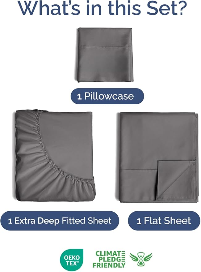 Extra Deep Twin Sheet Set - 3 Piece Breathable & Cooling Bed Sheets - Easily Fits 18 to 24 inch Mattress - Ultra Soft, Wrinkle & Fade Free with Extra Deep Pockets - Hotel Luxury Bedding - Dark Grey