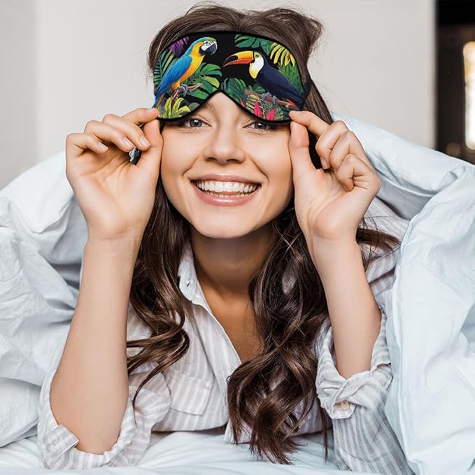 Tropical Birds Sleep Mask Eye Mask Plants Parrot Bright Leaves Colorful Bird Sleep Mask Light Blocking Adjustable Smooth Soft Eye Masks for Women Deep Rest Travel