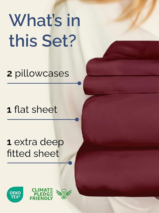 Extra Deep Queen Sheet Set - 4 Piece Breathable & Cooling Bed Sheets - Easily Fits 18 to 24 inch Mattress - Ultra Soft, Wrinkle & Fade Free with Extra Deep Pockets - Hotel Luxury Bedding - Burgundy