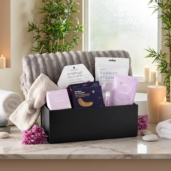Vienna Lavender Self-Care Spa Gift Set, 7-Piece Relaxation Kit with Bath Essentials, Black Gift Box (8-Piece Set)