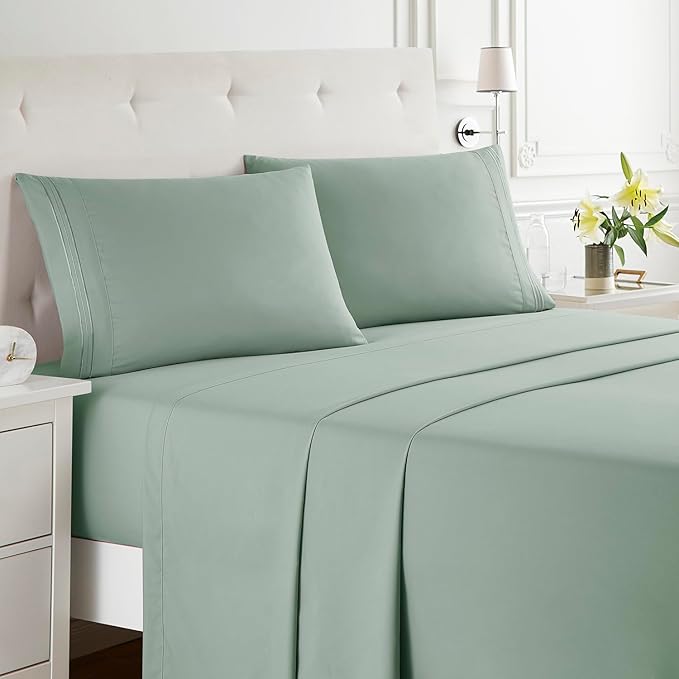 Clara Clark Bed Sheets, Premier 1800 Series Bed Sheet Set, Deep Pocket, Wrinkle, Fade, Stain Resistant, Luxury Soft Bedding Sheets & Pillowcases, Queen, Ice Green