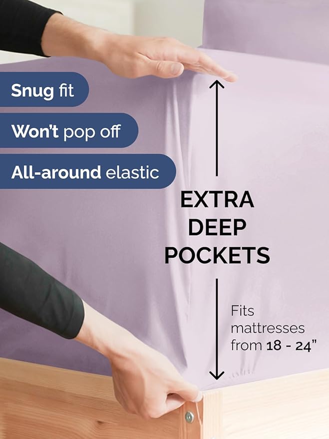 Extra Deep Cal King Sheet Set - 4 Piece Breathable & Cooling Bed Sheets - Easily Fits 18 to 24 inch Mattress - Soft, Wrinkle & Fade Free w/ Extra Deep Pockets - Hotel Luxury Bedding - Light Lavender