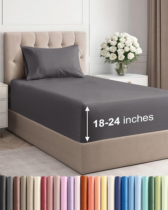 Extra Deep Twin Sheet Set - 3 Piece Breathable & Cooling Bed Sheets - Easily Fits 18 to 24 inch Mattress - Ultra Soft, Wrinkle & Fade Free with Extra Deep Pockets - Hotel Luxury Bedding - Dark Grey