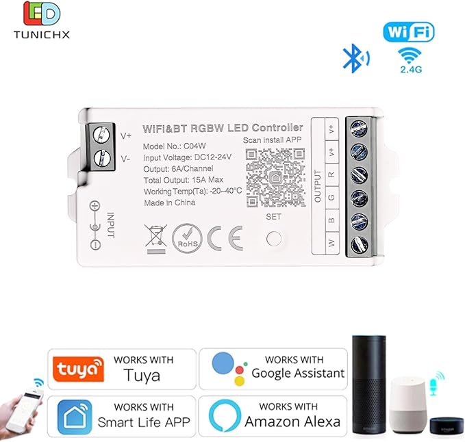 C04W RGBW LED Controller, Tuya WiFi 2.4G RF, 5Pin PWM for SMD FCOB Strip, APP & Voice Control, Compatible with Alexa Google Home, Compatible with WR01RF RC03RFB RC04RFB RC05RFB Remote