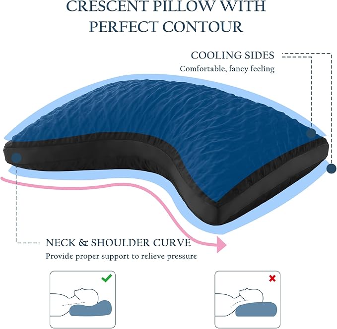 Cooling Side Sleeper Pillow for Neck and Shoulder Pain, Luxury Shredded Memory Foam Curved Gusseted Bed Pillows for Sleeping Adjustable Queen Size - Washable Cover Crescent Black