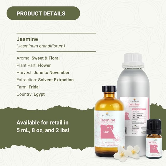 Jasmine Essential Oil - Direct from Fridal Egypt - Steam Distilled - Aceite de Jazmín for Aromatherapy, Massage, Diffuser, DIY Candle and Soap Making - 2 lbs