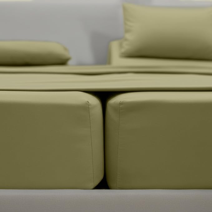 Elegant Comfort Luxurious 1500 Premium Hotel Quality Microfiber Three Line Embroidered Softest 5-Piece Bed Sheet Set, Wrinkle and Fade Resistant, Split King, Sage-Green