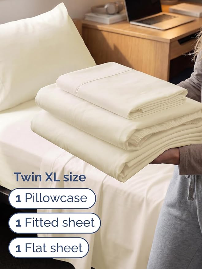 Extra Deep Twin XL Sheet Set - 3 Piece Breathable & Cooling Bed Sheets - Easily Fits 18 to 24 inch Mattress - Ultra Soft, Wrinkle & Fade Free w/ Extra Deep Pockets - Hotel Luxury Bedding - Off White