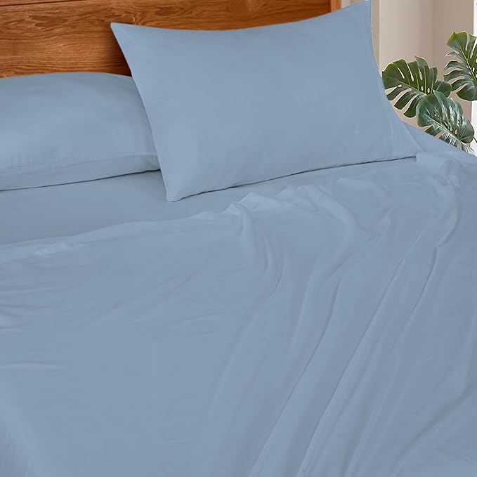 ROYALE LINENS 300 Thread Count Cotton Sateen Sheet Set - 4 Piece Twin Bed Sheets - 1 Fitted, 1 Flat & 2 Pillow Cases - Soft Cool & Crisp Sheet Set (Twin, Dusty Blue)