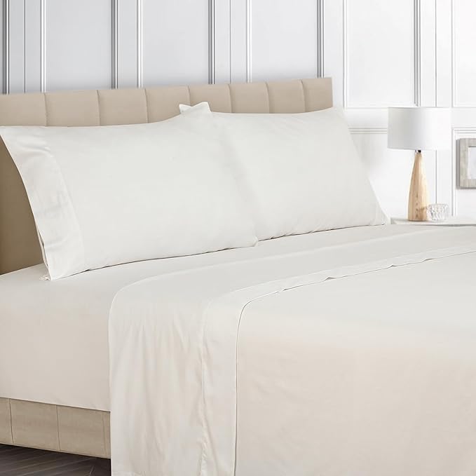 ROYALE LINENS Bamboo Viscose Queen Sheet Set - Cooling Bed Sheet Set - 1 Fitted, 1 Flat & 2 Pillowcase - Fits Up to 16" - Organic Viscose Derived from Bamboo - Bedding Sheet Set (Queen, Bright White)