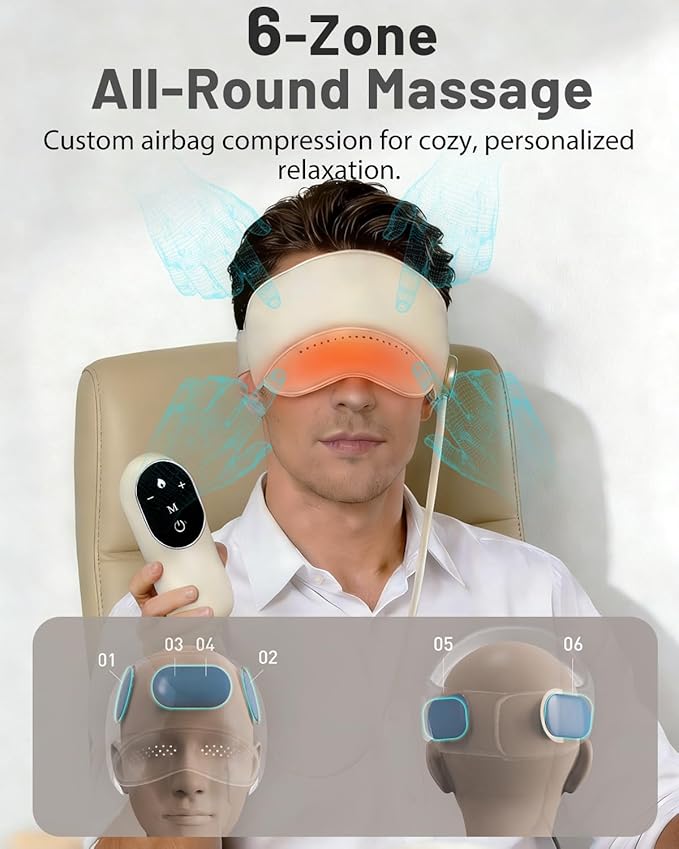 Sleep Mask with Heat,4 Modes 3 Temperature Settings,6 Airbags Compression Head and Eye Massager,Eye Care Device with Remote Control, Portable Relaxation for Home Travel Office Use (Creamy White)