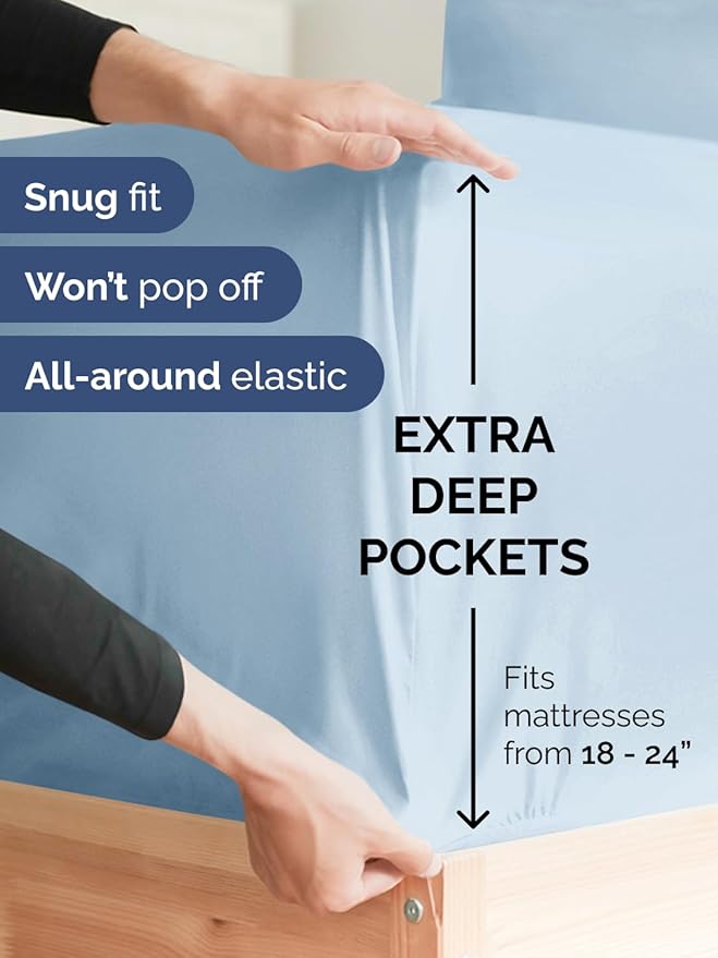 Extra Deep Split King Sheet Set - 5 Piece Breathable & Cooling Bed Sheets - Easily Fits 18 to 24 inch Mattress - Ultra Soft, Wrinkle & Fade Free w/ Extra Deep Pockets - Hotel Luxury Bedding - Sky Blue
