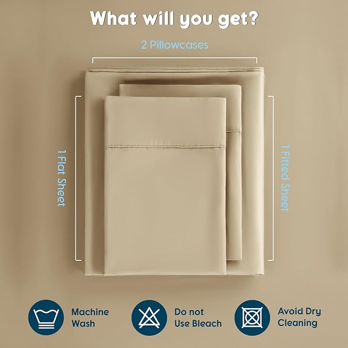 SONORO KATE 100% Egyptian Cotton Sheets Set - 1000 High Thread Count, Luxury 5-Star Hotel Sateen Bed Sheets, Soft, Breathable Long Staple Sheets, Fit up to 16" - 4 PC (Beige,Queen)