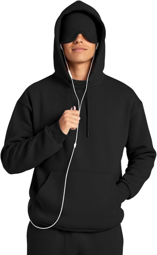 Ainangua Mens Oversized Pullover Essentials Hoodie with Eye Mask Built In Comfor Airplane Mode Travel Sleep Wearable Blanket