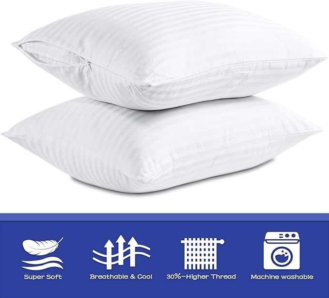 100% Cotton Pillow Protectors with Zipper Standard Size, White Pillow Cases for Home & Hotel, Sateen Soft Cooling Hidden Zippered Pillow Case Protector for Hair & Skin, 20x26 in, 1 Pack