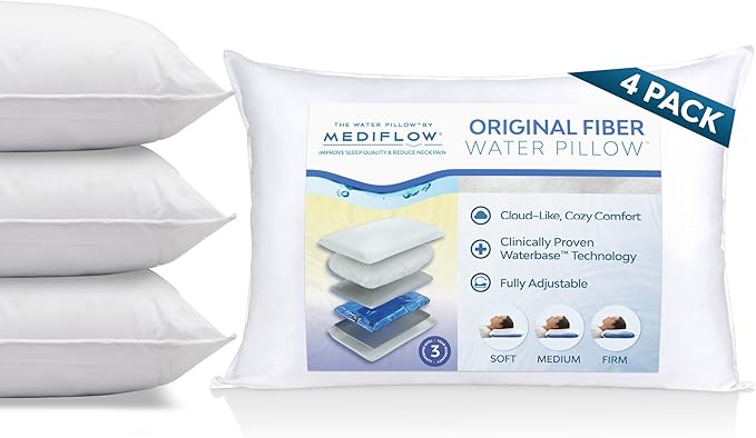 Mediflow Fiber Water Pillow - Adjustable Bed Pillow for Neck Pain Relief, Ideal for Side, Back, and Stomach Sleepers, Clinically Proven for Comfort and Support (4 Pillows)