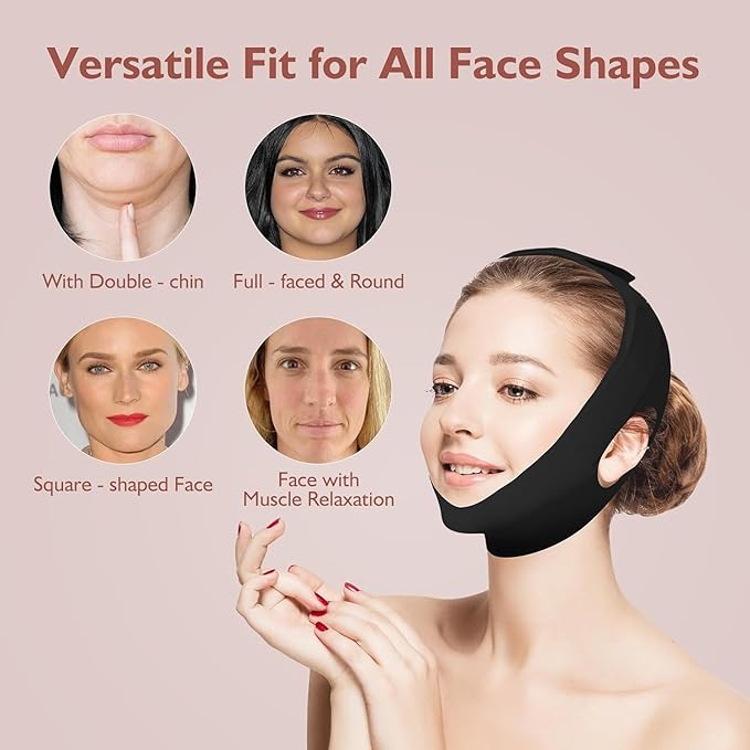 Jawline Shaper Chin Strap for Sleeping, Reusable V-Line Mask for Women Face Lifting Made w/Electric-Hot-Press Tech for Skin-Friendly & Breathable Cooling Fabric