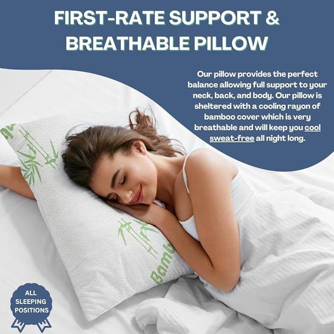 Memory Foam Bamboo Pillows King 20" x 36" [Adjustable] for Sleeping - Cool & Breathable Cover with Zipper Rayon Derived from Bamboo Pillowcase - Relieves Neck Pain - Back/Stomach/Side Sleeper