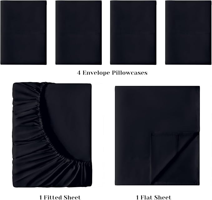 BYSURE 6 Pieces Bed Sheets Set(Full, Black) - Hotel Luxury Super Soft 1800 Thread Count 100% Microfiber Sheets with Deep Pockets, Wrinkle & Fade Resistant