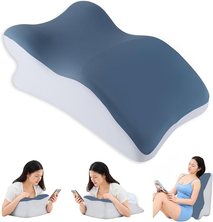Reading Prone, Ergonomic Back Support Pillow for Bed Sitting Up Prone Pillow Face Down Sleep, Resting, Relaxing Back Pain Relief, Blue