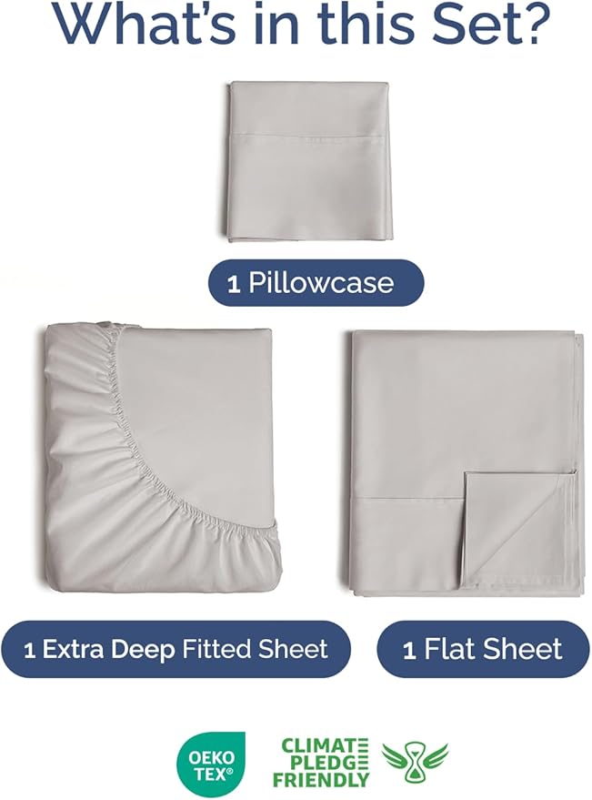 Extra Deep Twin Sheet Set - 3 Piece Breathable & Cooling Bed Sheets - Easily Fits 18 to 24 inch Mattress - Ultra Soft, Wrinkle & Fade Free with Extra Deep Pockets - Hotel Luxury Bedding - Light Grey