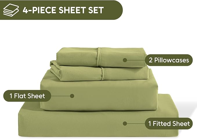 King Size Sheets Set, 4 Pieces Hotel Luxury Soft Microfiber Bed Sheets Set, Up to 16" Deep Pockets, Oeko-Tex Sheets with Elastic, Breathable, Wrinkle Free (Green, King)