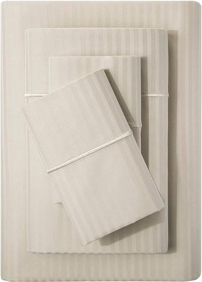 Feather & Stitch 500 TC King Size Damask Bed Sheet Set, 100% Cotton Soft Breathable Bedsheets, 4 Piece 18" Deep Pockets Sateen Weave Striped Bedding Mattress Resort Hotel Luxury- (Beige Stripe)