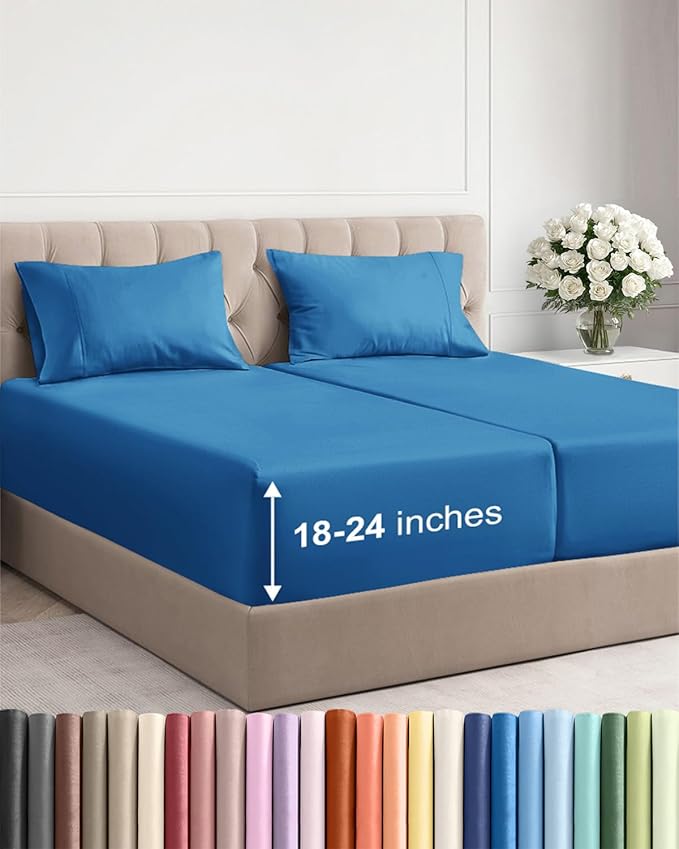 Extra Deep Split King Sheet Set - 5 Piece Breathable & Cooling Bed Sheets - Easily Fits 18 to 24 inch Mattress - Soft, Wrinkle & Fade Free with Extra Deep Pockets - Hotel Luxury Bedding - Denim Blue