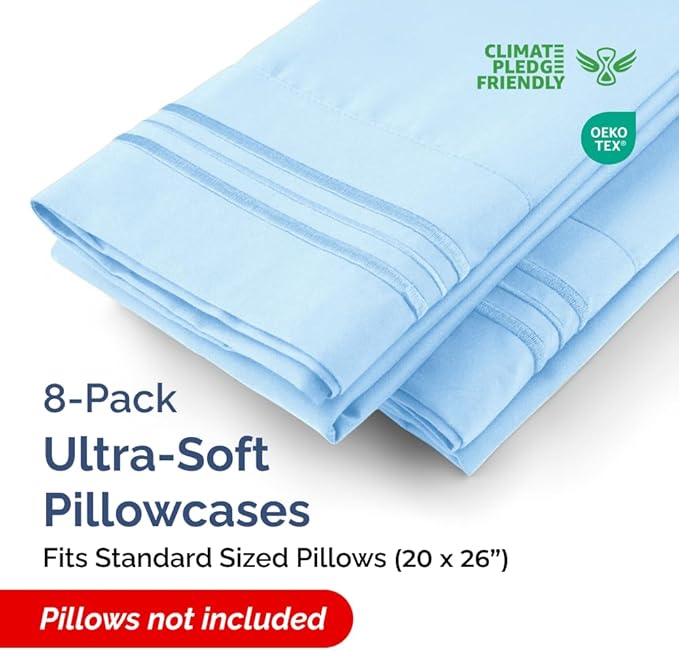 Standard Pillow Cases Set of 8 - Ultra Soft Hotel Quality Pillowcase Covers - Comfy & Wrinkle Free - Shrink, Stain and Fade Resistant - Machine Washable Pillow Protectors - 8 Piece Set - Light Blue