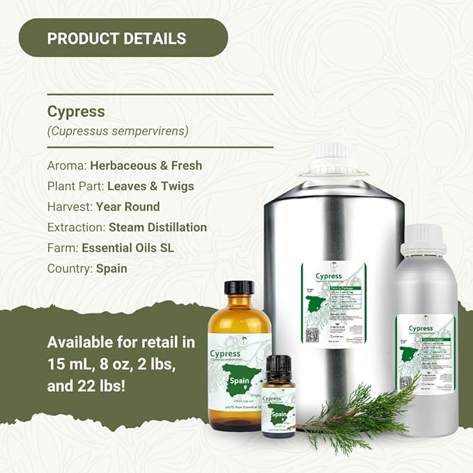 Cypress Essential Oil - Direct from Essential Oils SL in Mediterranean Spain - Aceite de Ciprés for Diffuser, 100% Pure Therapeutic Grade - Aromatheraphy, Skincare (22lbs)