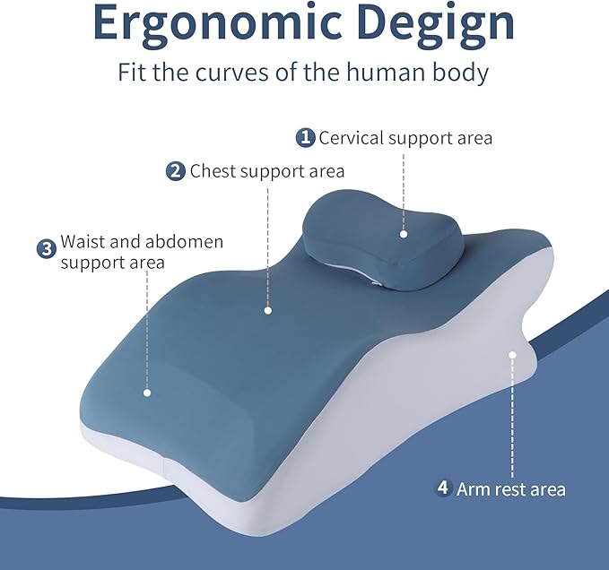 Reading Prone, Ergonomic Back Support Pillow for Bed Sitting Up Prone Pillow Face Down Sleep, Resting,Relaxing Back Pain Relief, with Washable Cover, Blue