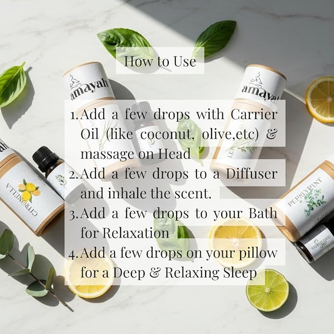 Amayah Focus Essential Oil Blend Set for Concentration & Mental Clarity | Peppermint, Tea Tree & Eucalyptus Aromatherapy Oils for Work, Study & Productivity | Diffuser Oils for Energy & Alertness