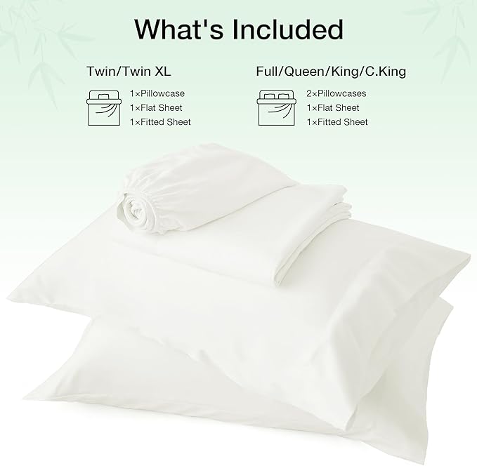 Love's cabin 4 Piece Full Size Sheet Set, 100% Rayon Derived from Bamboo, Cooling & Breathable, Soft Silky Deep Pocket up to 16", Hotel Luxury Bedding for Hot Sleepers, White