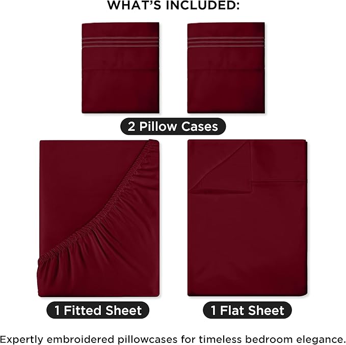 ROYALE LINENS 4 Piece Cal King Sheets Set - Soft Brushed 1800 Microfiber - 1 Fitted, 1 Flat Sheet, 2 Pillow Cases - Wrinkle Free & Fade Resistant - Hotel Luxury Bed Sheets (Burgundy, Cal King)
