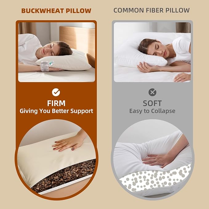 Organic Buckwheat Pillow for Sleeping with Organic Cotton Pillowcase - 14''x20'' Adjustable Pillow, Breathable for Cool Sleep, Cervical Support for Back and Side Sleepers(Tartary Buckwheat Hulls)