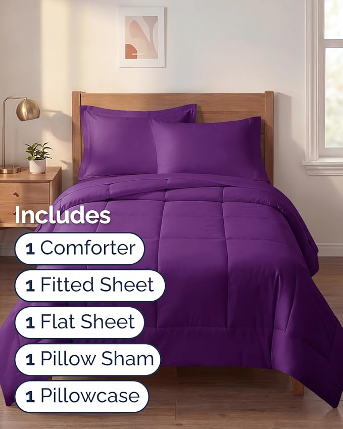 Twin XL Comforter Set - 5 Piece Bed in a Bag Twin XL Size Bed Set - Down Alternative Comforter, Flat Sheet, Fitted Sheet, Pillowcase & Sham for All Seasons - Ultra Soft, Comfy & Breathable - Purple