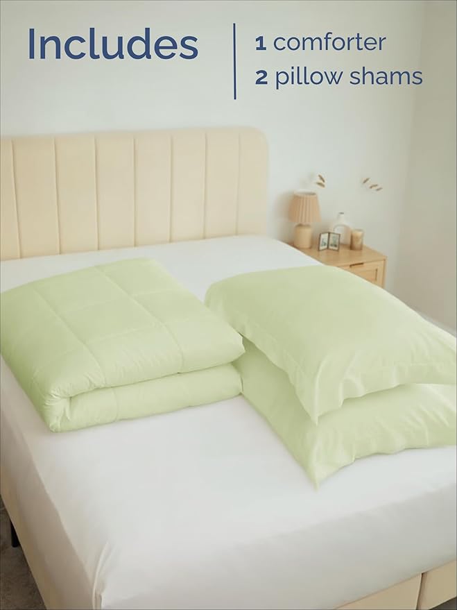 Full Comforter Set - 3 Piece Bed Set for All Seasons - 1 Soft Quilted Comforter with Corner Tabs & 2 Pillow Shams - Comfy, Cozy & Breathable - Premium Down Duvet Insert - Full Size, Light Sage Green