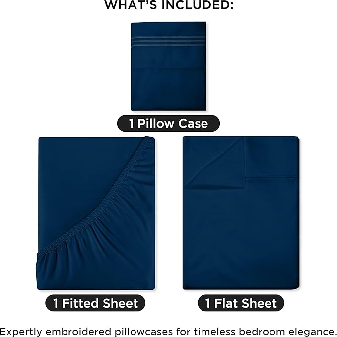 ROYALE LINENS 3 Piece Twin Sheets Set - Soft Brushed 1800 Microfiber Bedding - 1 Fitted and 1 Flat Sheet, 1 Pillow case - Wrinkle Free & Fade Resistant - Hotel Luxury Bed Sheets Set (Navy, Twin)