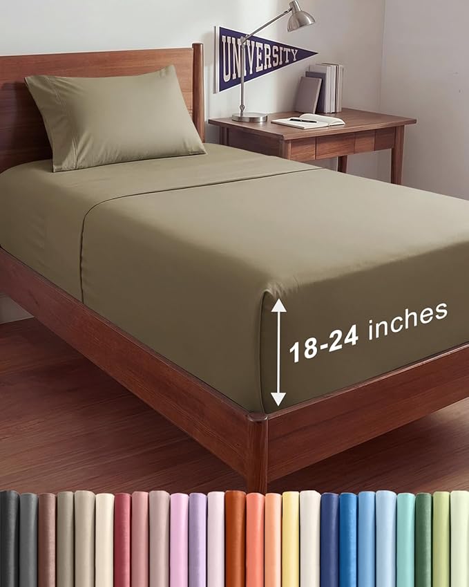 Extra Deep Twin XL Sheet Set - 3 Piece Breathable & Cooling Bed Sheets - Easily Fits 18 to 24 inch Mattress - Ultra Soft, Wrinkle & Fade Free w/ Extra Deep Pockets - Comfy Hotel Luxury Bedding - Khaki
