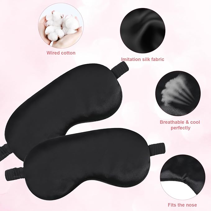 2 Pack Silk Sleep Mask Adjustable Silk Eye Mask for Sleeping Soft Sleeping Eye Shade Cover for Women Men Soft Blackout Eye Mask Satin Blindfold with Elastic Strap for Travel & Home-Black