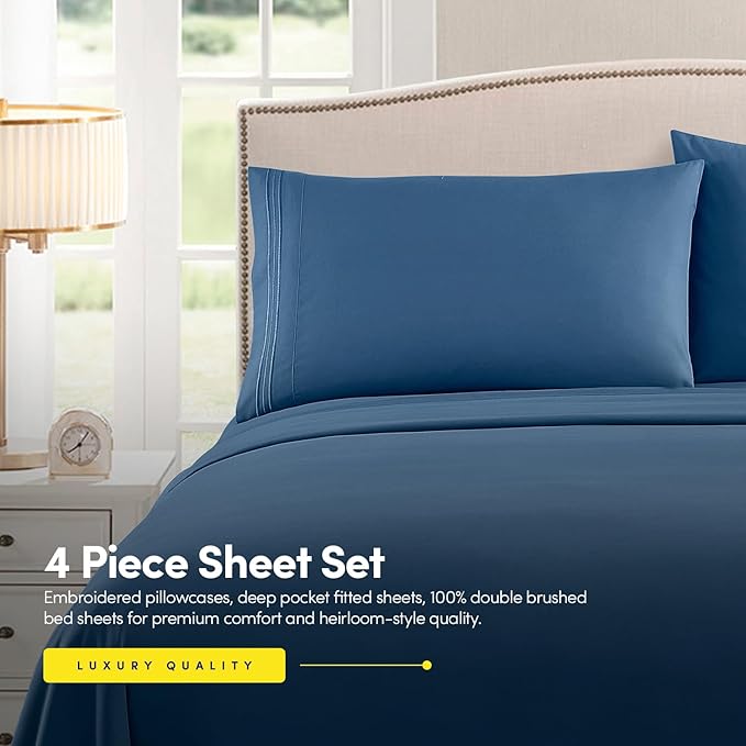 1500 Supreme Collection Full Sheet Sets Denim Blue - Luxury Hotel Bed Sheets and Pillowcase Set for Full Mattress - Extra Soft, Elastic Corner Straps, Deep Pocket Sheets, Full Denim Blue