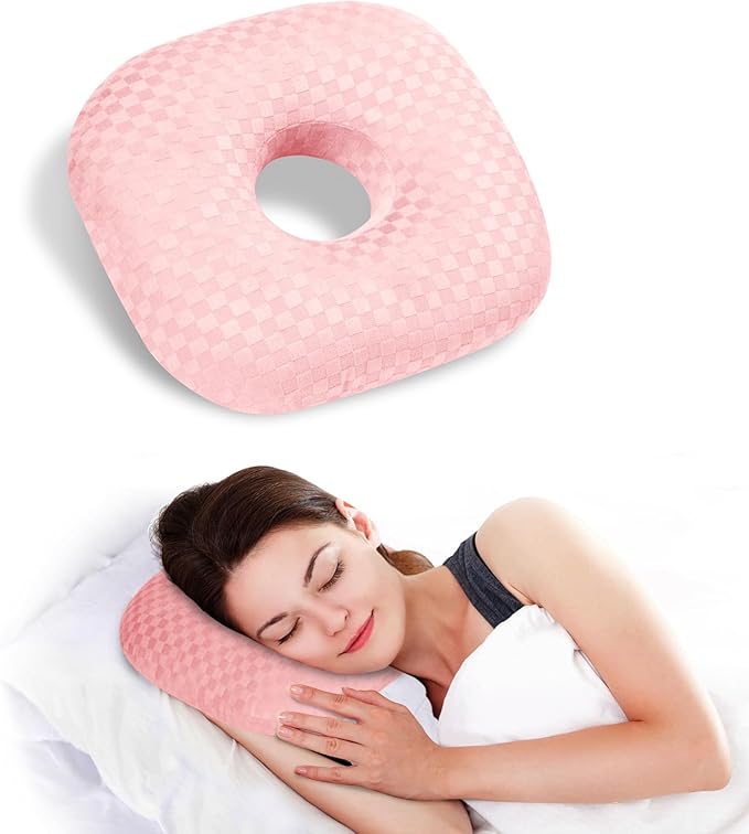 Ear Piercing Pillow for Side Sleepers - Ear Hole Pillow for Pierced Ears, CNH & Pain Relief, O-Shaped Orthopedic Pillow for Pressure Sores, Soft Cotton (Pink)