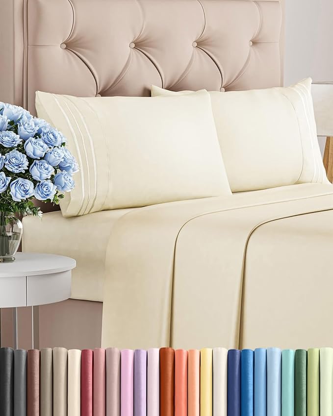 Queen Size 4 Piece Sheet Set - Comfy Breathable & Cooling Sheets - Hotel Luxury Bed Sheets for Women and Men - Deep Pockets, Easy-Fit, Soft and Wrinkle Free Sheets - Off White Oeko-Tex Bed Sheet Set