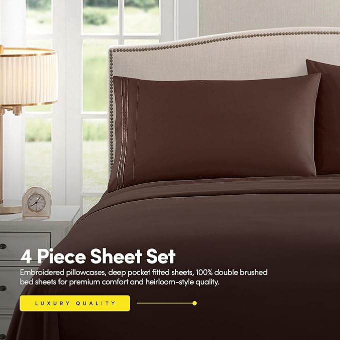1500 Supreme Collection RV Short Queen Sheets Set, Brown - Short Queen Bed Sheets for RV Camper Mattress, 1500 Supreme Collection Soft Sheets, RV Queen Size, Brown