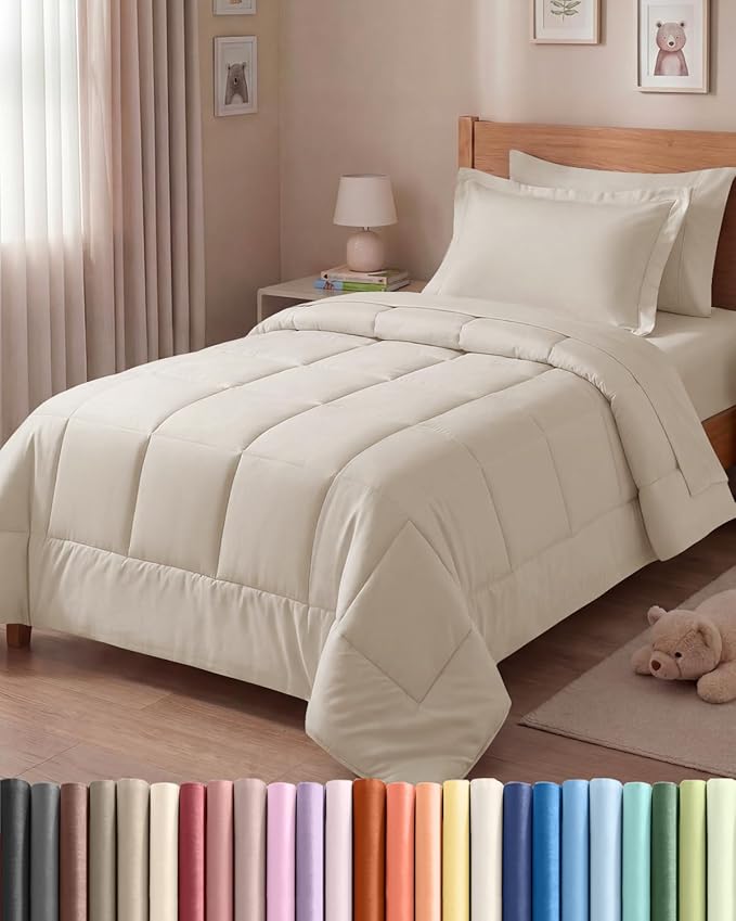 Twin Comforter Set - 5 Piece Bed in a Bag Twin Size Bed Set - Down Alternative Comforter, Flat Sheet, Fitted Sheet, Pillowcase & Sham for All Seasons - Ultra Soft, Cozy, Comfy and Breathable - Wheat