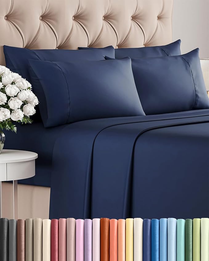 King 6 Piece Sheet Set - Comfy, Breathable & Cooling - Hotel Luxury Bedding for Women, Men, Kids, Teens & Children - 1 Flat & 1 Fitted Sheet & 4 Pillowcases w/ Deep Pockets - Wrinkle Free - Navy Blue