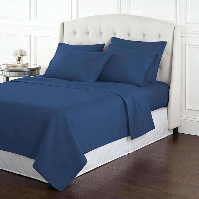 6 Piece Bed Sheet Set for Teens, Full/Queen/King Hotel Premium Sheets with 4 Pillowcases, Lightweight Brushed Microfiber Deep Pockets, Breathable Cooling Bedding Sets (Navy, Queen)