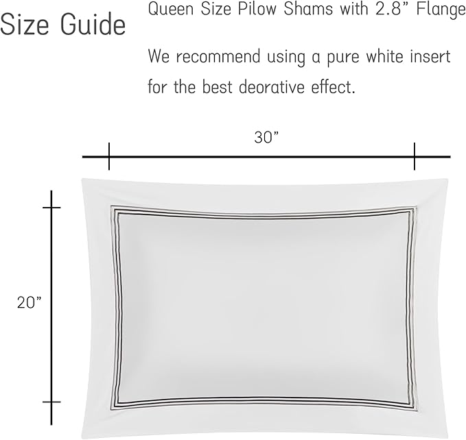 White Pillow Shams Queen Size Set of 2, 100% Cotton Luxury Hotel 3-Lines Embroidered Pillowcases, 400TC Sateen Weave Decorative Pillow Cases with Envelope Closure for Bedding, 20x30 Inches