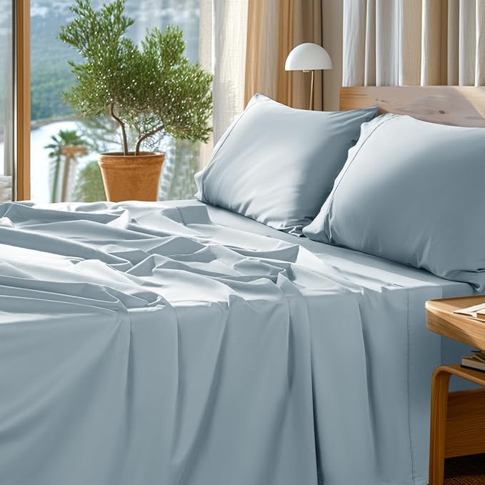 SONORO KATE 100% Egyptian Cotton Sheets Set - 1000 High Thread Count, Luxury 5-Star Hotel Sateen Bed Sheets, Soft, Breathable Long Staple Sheets, Fit up to 16" - 4 PC (Light Blue,King)